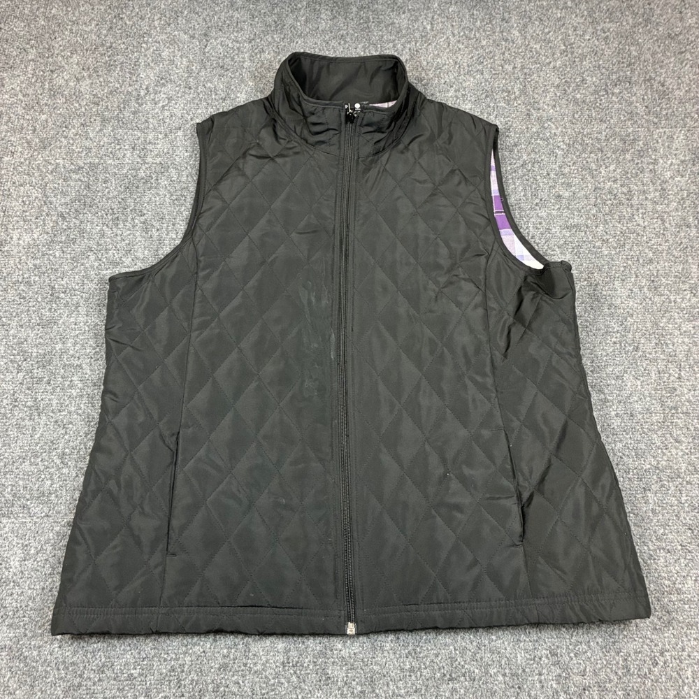 Riders by Lee Womens Black Quilted Vest Purple Plaid Lined Full Zip‎ Size Large